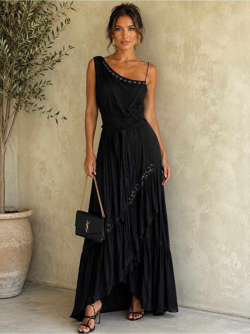 Ramy Brook embellished Nicola One Shoulder Black Maxi Dress Belted